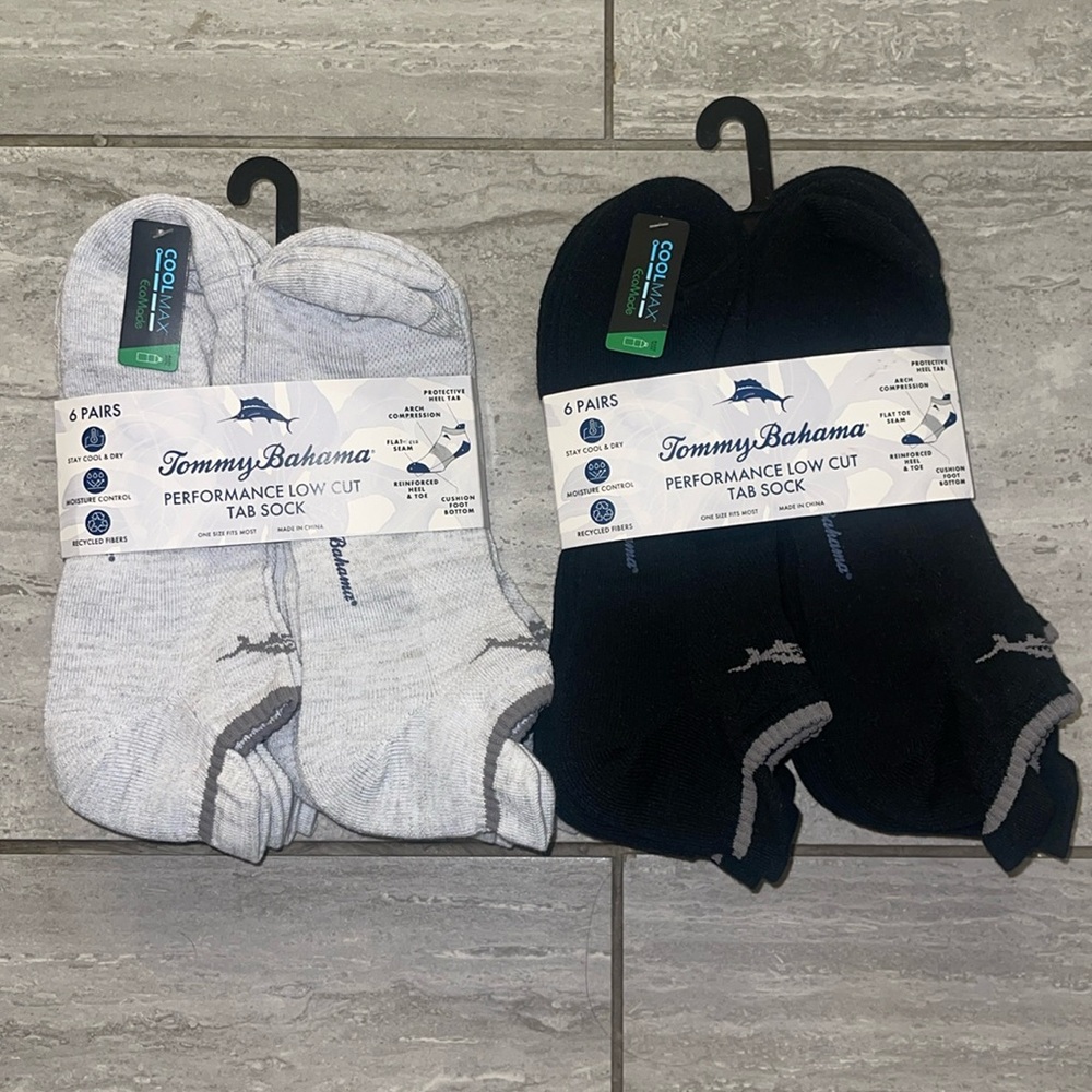 Tommy Bahama (2) 6 Pack Performance Low Cut Tab Socks Black/Gray Cool Max